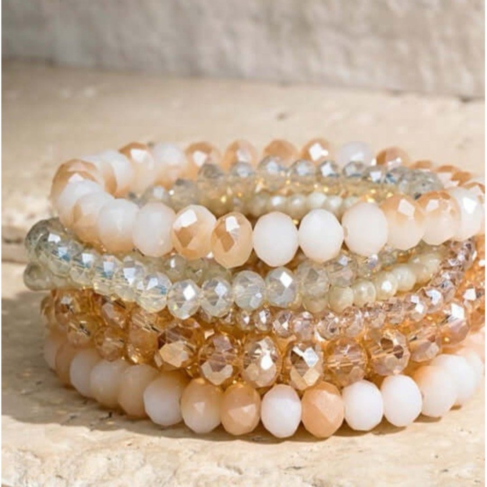 No.3 Beaded Stretch Bracelet Stack NWT Blush Champagne Crystal Boho   Bridal Set